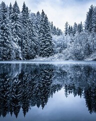 Calm lake is surrounded by snow covered trees and evergreens  with reflection on water