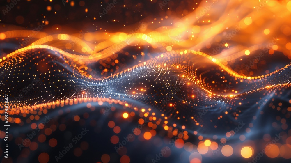 Poster The background is an abstract wave with many glowing particles. It has a musical theme and is rendered in 3D.