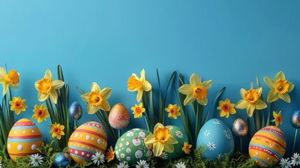 Daffodils and colorfully decorated eggs on a blue Easter background.