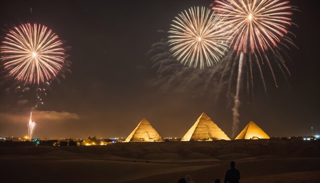 fireworks in the sky near several giza pyramids in egypt