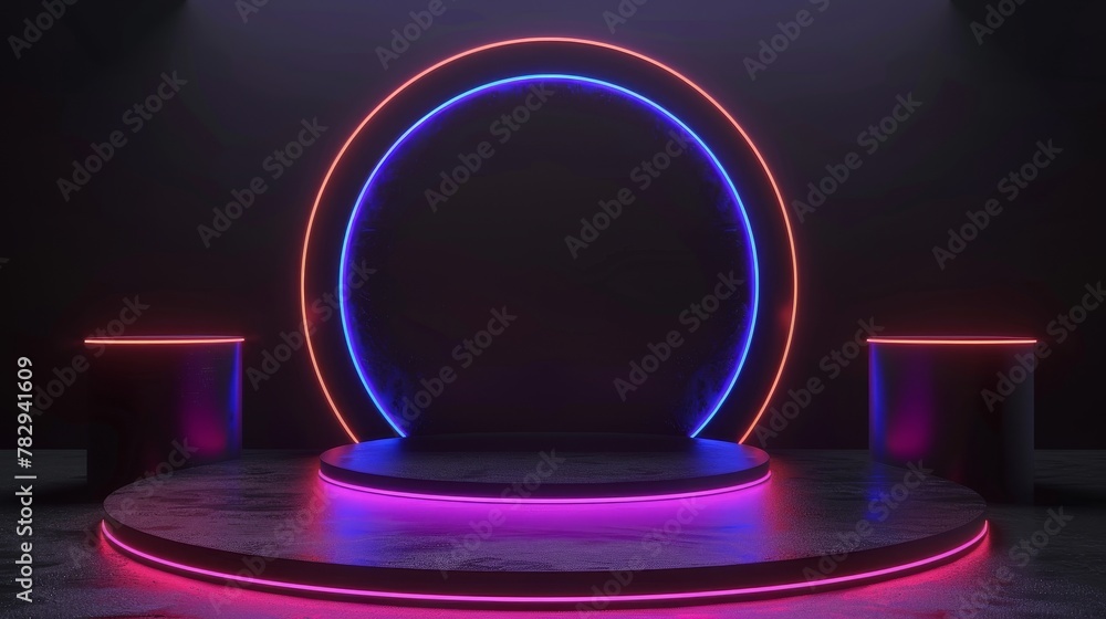 Fototapete A black stage with a product stand and neon lights on a futuristic background. An abstract rendering of futuristic technology.