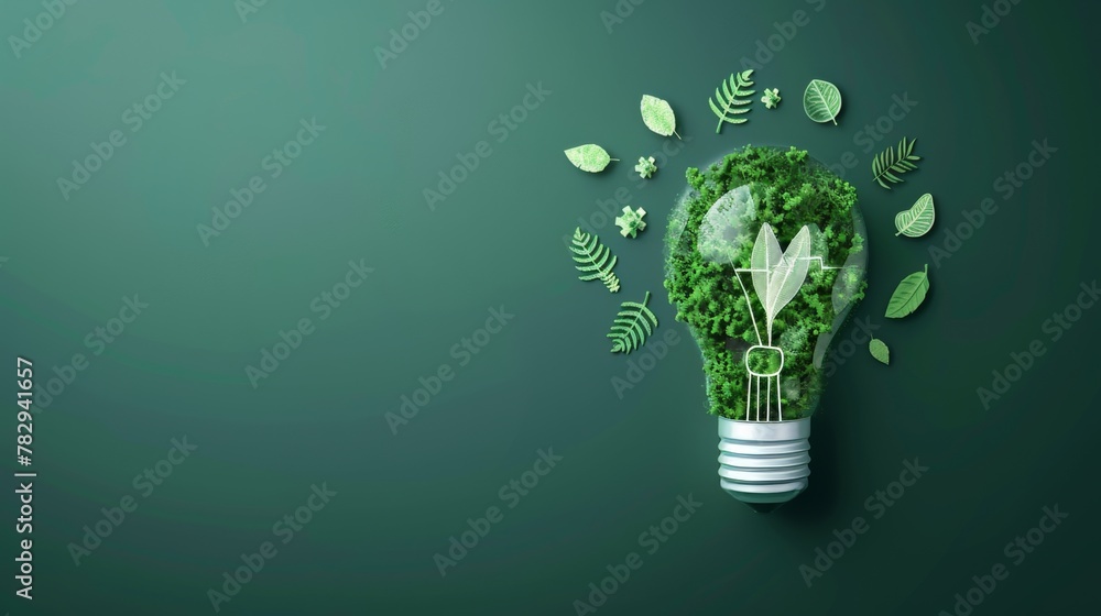 Poster The concept of green energy or environmental protection through a graphic featuring a light bulb shape coupled with environmental protection elements