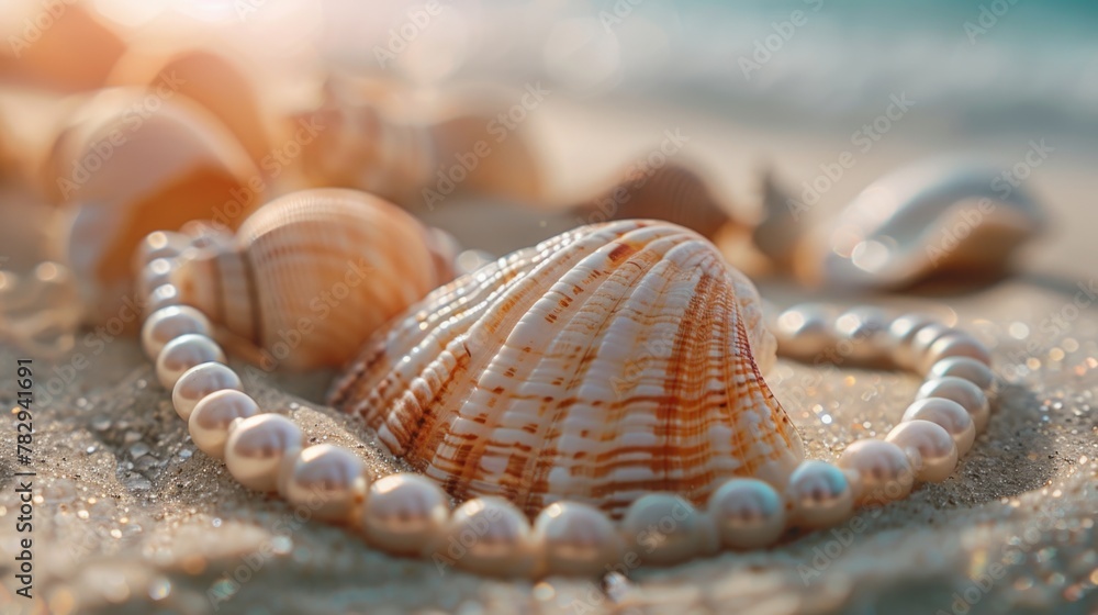 Poster close up of shells and pearls on a sandy beach. great for summer vacation concepts