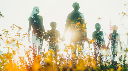 Within the area with a white background, the Double Exposure of the person, family, woman reflects a joyful expression. A livable world happy concept.