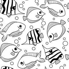 Cute hand drawn black and white seamless vector pattern background illustration with fishes for coloring art