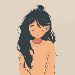 Sad teenage girl, young woman, eys closed, looking frustrated, flat cartoon illustration - 782941649
