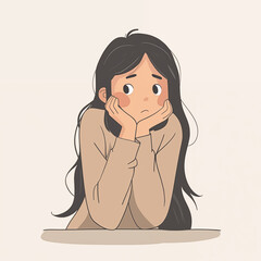 Sad teenage girl, young woman, resting her chin on her hands, thinking, frustrated, flat cartoon illustration - 782941653