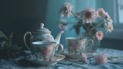 Fototapeta premium Tea pot and two cups on a table, perfect for cozy home decor