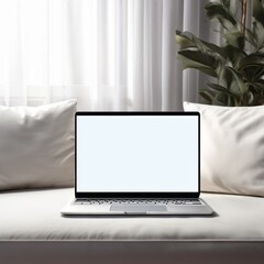 Open modern laptop with blank white screen on sofa in living room interior mockup. Empty laptop...