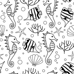Cute hand drawn black and white seamless vector pattern background illustration with fishes, corals, starfishes, seahorses and seashell for coloring art