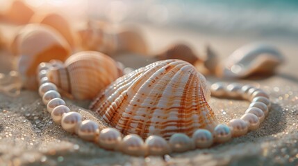 Close up of shells and pearls on a sandy beach. Great for summer vacation concepts