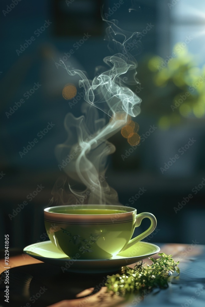 Poster a simple cup of tea with steam rising out of it. suitable for various concepts