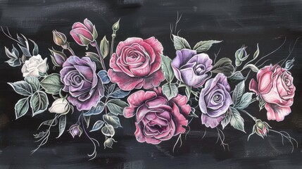 chalkboard drawing of rose pink and violet and white