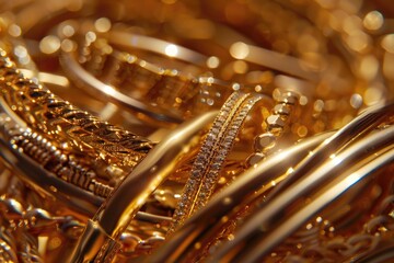 A close up view of a bunch of gold rings. Suitable for jewelry stores or wedding concepts