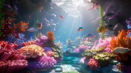Fototapeta na wymiar Enchanting Underwater Coral Reef Ecosystem with Tropical Fish and Sunrays