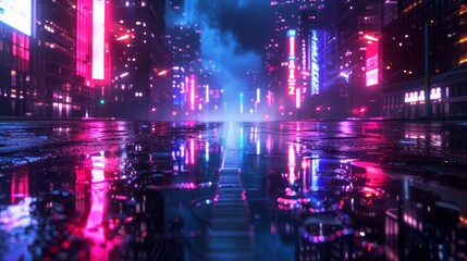 Concept for night life, business district center (CBD), cyber punk theme, tech background. 3D render of neon mega city with light reflection from puddles on street. - obrazy, fototapety, plakaty