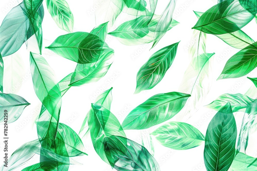 Poster a beautiful image of green leaves floating in the air. perfect for nature or environmental concepts
