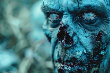 A close-up of a zombie's face covered in blood. Perfect for horror-themed projects