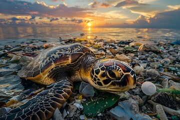 Żółw na plaży nad brzegiem morza w zanieczyszczonym środowisku
