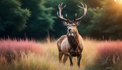  majestic stag standing amidst tall, wild grasses - obrazy, fototapety, plakaty