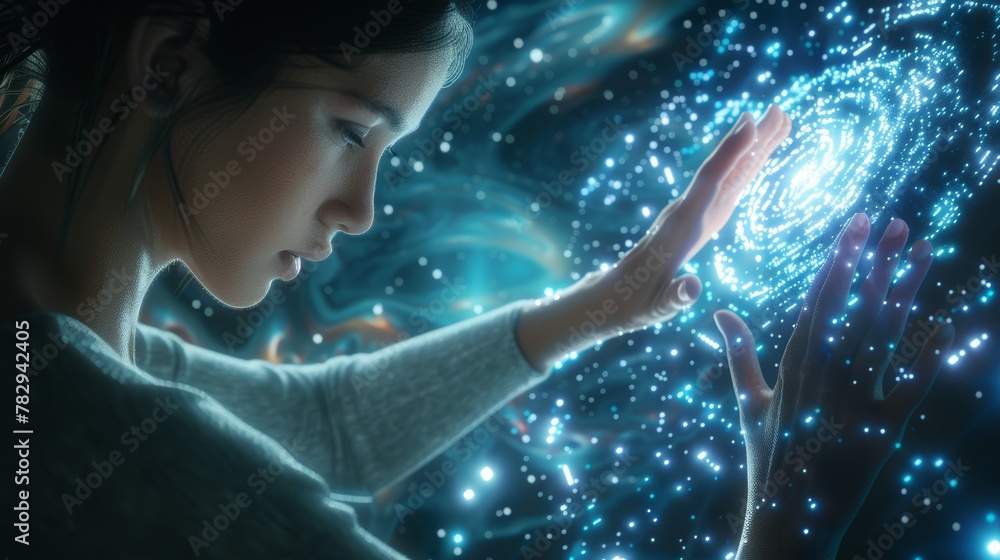 Poster digital transformation conceptual for the next generation of technology. hand touching the metaverse