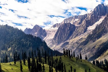 Fototapeta premium Aerial view of a mountain range covered with greenery in Kashmir, India