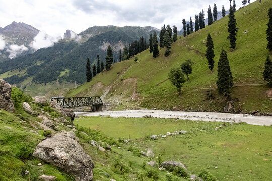 Scenic view of metallic bridges on a river on the Sonamarg Hill Trek in Jammu and Kashmir, India
