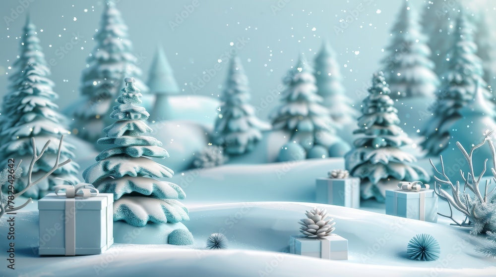 Poster geometric forms in an abstract winter christmas scene. surreal background. 3d rendition.