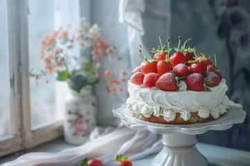 Foto op Canvas A cake sitting on top of a white cake plate. Suitable for bakery and dessert concepts © Fotograf