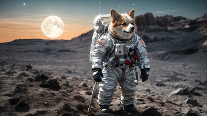 Corgi in astronaut attire exploring the moon, AI-gnerated. - obrazy, fototapety, plakaty