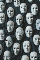 A collection of emotionless white masks on a black wall