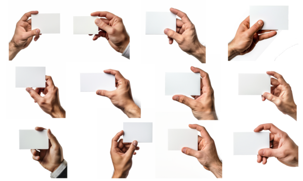 Collection of male hands holding a blank card or a ticket/flyer, cut out, isolated on transparent background. 