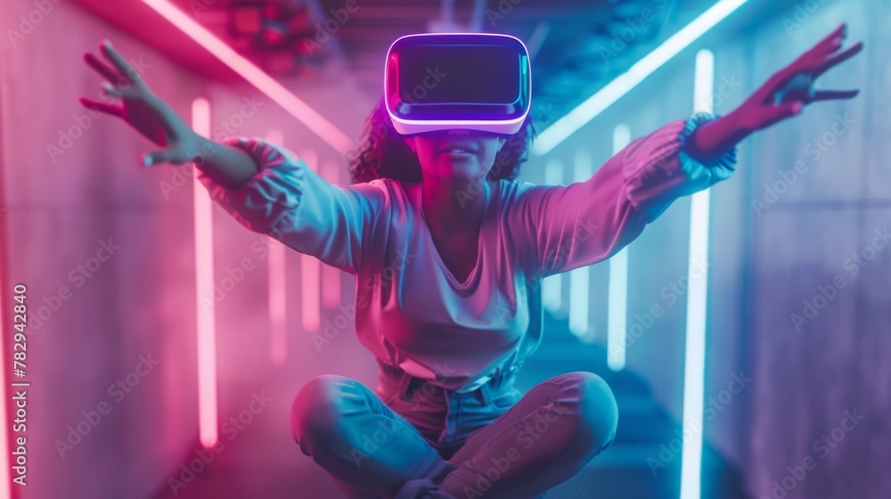 Poster 3d rendering of theoretical and futuristic woman floating in the air with neon lighting and VR glasses. Conceptual rendering of video games, NFT, VR, and cryptography.