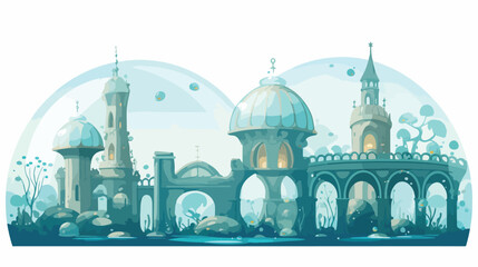 An underwater city with glass domes and underwater 