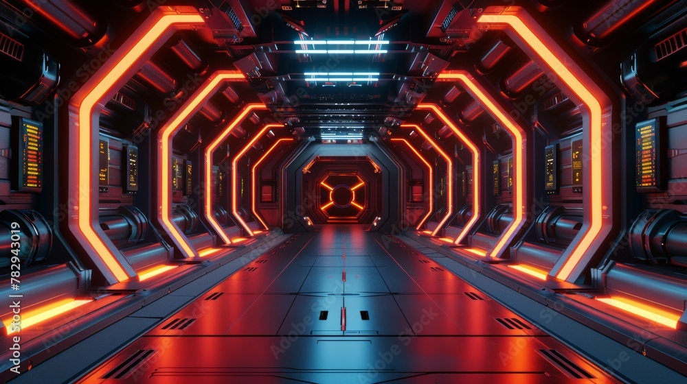Leinwandbilder Inside a spaceship laboratory, with an empty podium for presenting a cyberpunk product. Sci-fi and technology concept illustrated in 3D.
