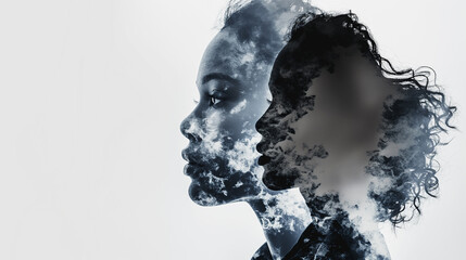 Within the area with a white background, the Double Exposure of the person, family, woman reflects a joyful expression. A livable world happy concept.