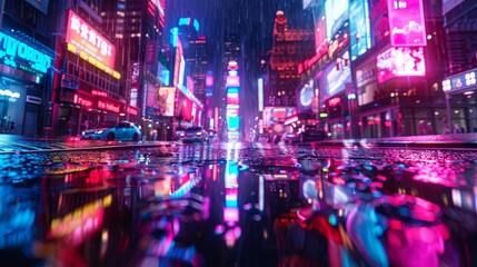 An illustration depicting a neon mega city with light reflecting from puddles heading toward buildings. Night life concept, business district center (CBD), cyber punk theme, tech background.