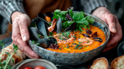 bowl of tomato soup with clams and shrimp in hands