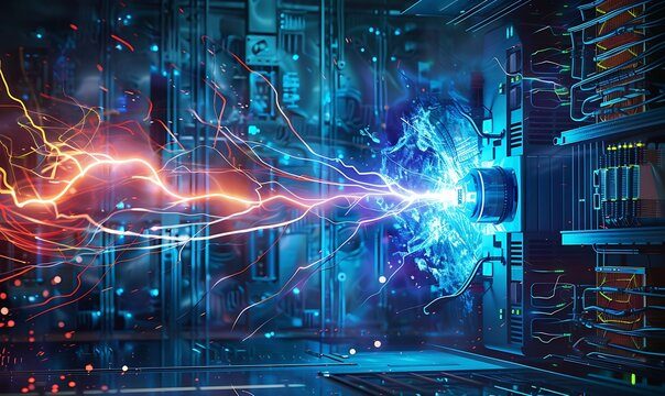 digital illustration depicting the concept of electromagnetic induction, showcasing how a changing magnetic field induces an electric current in a nearby conductor