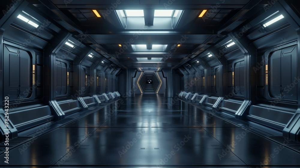Poster The image shows an empty dark room with a futuristic sci-fi background. This is a 3D illustration.