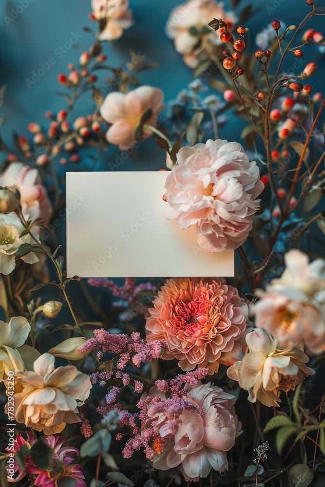 Poster a beautiful bouquet of flowers with a blank card in the middle. perfect for various occasions