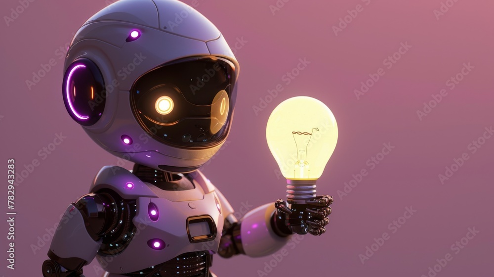 Poster 3d rendering of a cute robot holding a light bulb over a purple background. technology concept.