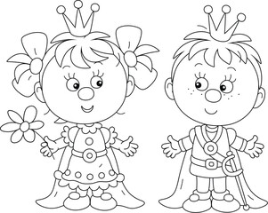 Funny little princess and prince in their ceremonial costumes at a royal court of a fairytale kingdom, black and white outline vector cartoon illustration for a coloring book