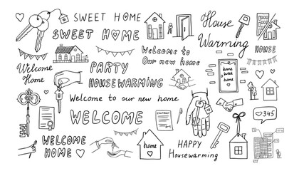 Set of housewarming in doodle style. Home sweet home, welcome home, new home, happy house warming, house keys, deal.  Good for banner, posters, cards, professional design. Hand drawn