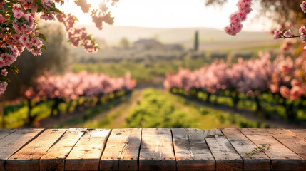 Naklejka na ściany i meble wooden podium in the foreground, Italian blurred landscape with blossoming almond trees in the background