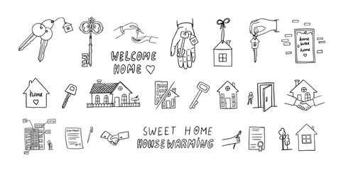 Large set of housewarming in doodle style. Home sweet home, welcome home, new home, happy house warming, house keys, deal.  Good for banner, posters, cards, professional design. Hand drawn
