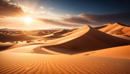 Warm sunlight spills over smooth sand dunes, casting deep shadows and highlighting the tranquil beauty of the desert at dusk. AI Generation