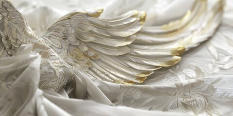 Close-up of a white angel figure on a bed. Perfect for religious themes or home decor