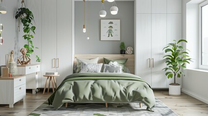 A modern and minimalist style bedroom, white cabinet door with light green pastel color bed linen, children's illustration design on the head of the soft sofa. - obrazy, fototapety, plakaty