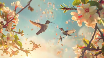 Hummingbirds flying near a branch with flowers with the sky in the background - Powered by Adobe